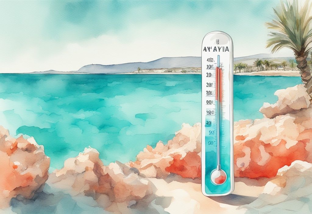 Nowoczesna ilustracja akwarelowa z cyfrowym termometrem pokazującym "ayia napa temperatura wody" zanurzonym w krystalicznie czystych turkusowych wodach Ayia Napa z widokiem na malownicze wybrzeże w tle.