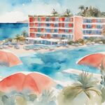 Nowoczesna akwarela przedstawiająca hotel Zoi Ayia Napa nad krystalicznie czystymi wodami Morza Śródziemnego w kolorach koralowych.