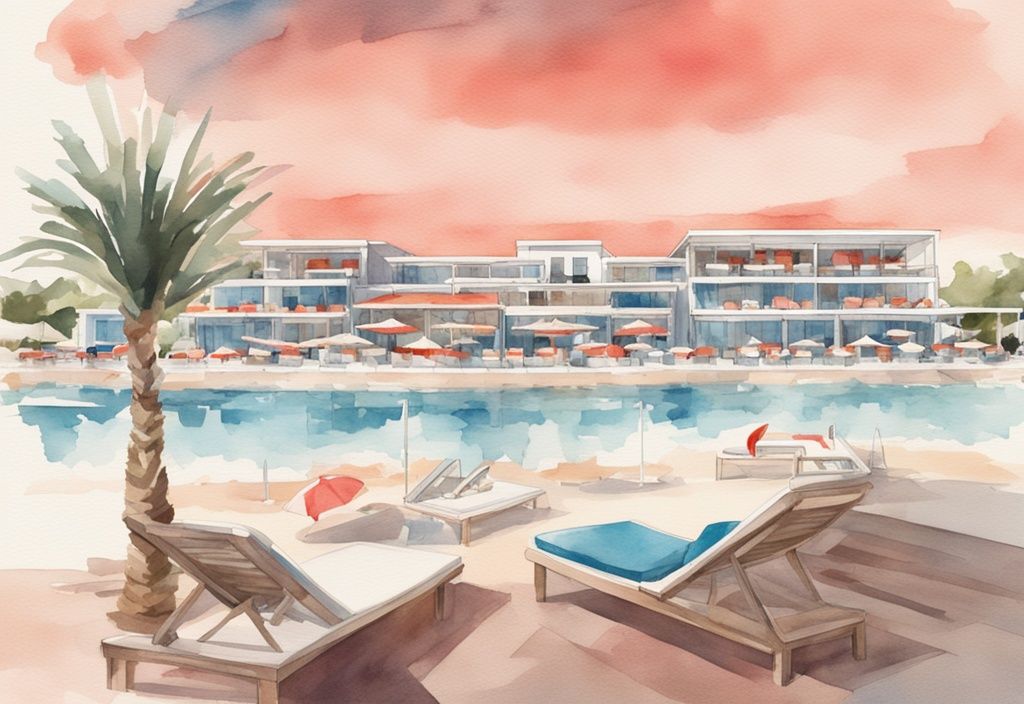 Nowoczesna ilustracja akwarelowa przedstawiająca spokojny widok na Chrysomare Beach Club w Ayia Napa z krystalicznie czystą wodą, relaksującymi leżakami i nowoczesną infrastrukturą plażową.