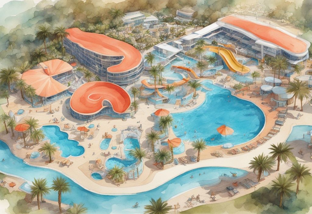 Nowoczesna akwarelowa ilustracja parku wodnego WaterWorld Ayia Napa z lotu ptaka, z widokiem na zjeżdżalnie wodne, leniwą rzekę, basen z falami i strefy relaksacyjne przy basenie, w kolorystyce koralowej.