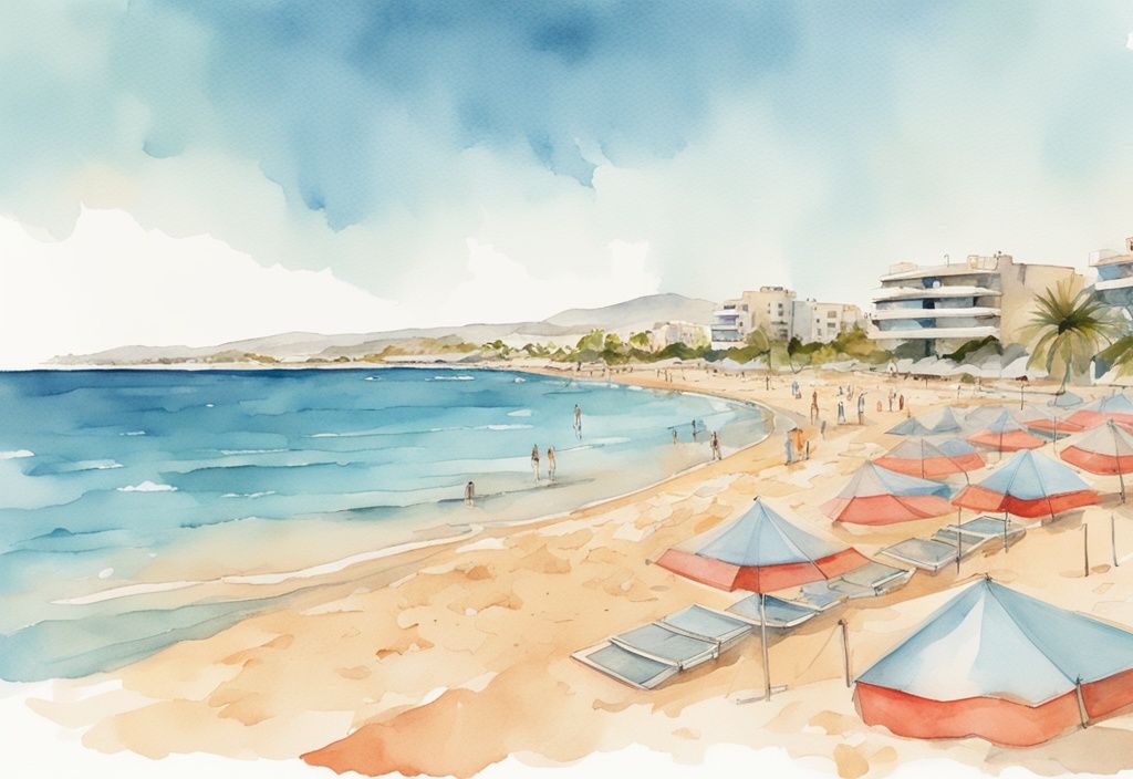 Nowoczesna ilustracja akwarelowa przedstawiająca szerokie, złote piaski plaży Ayia Napa na tle krystalicznie czystych wód Morza Śródziemnego i bezchmurnego nieba.