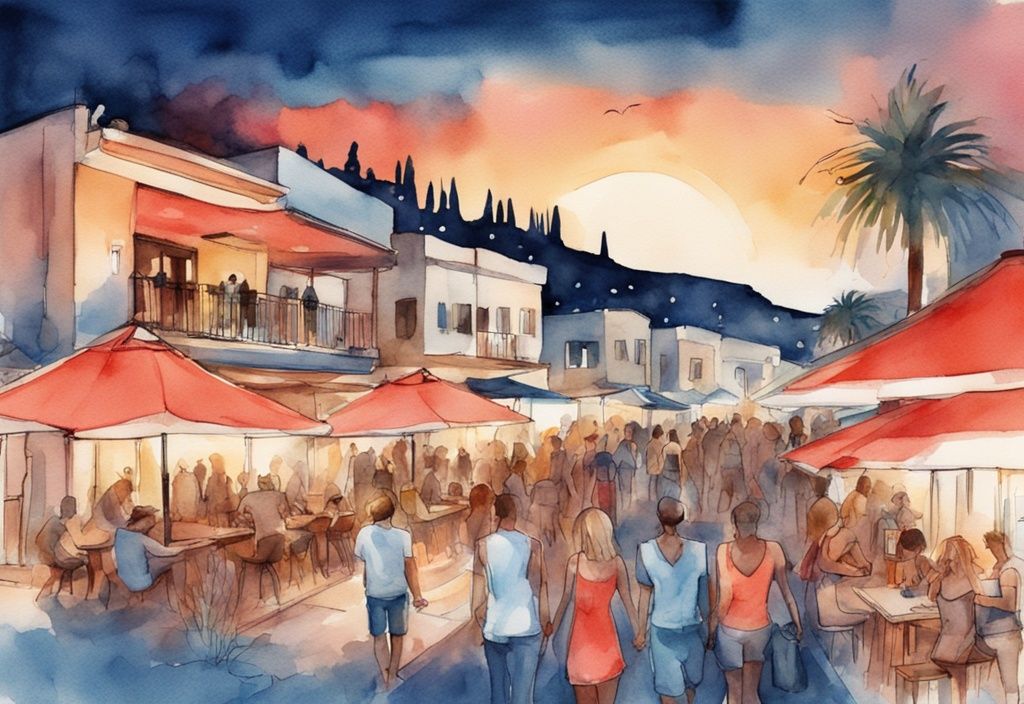 Nowoczesna ilustracja akwarelowa przedstawiająca nocne życie w Ayia Napa, z widokiem na tętniące życiem ulice, kluby, bary plażowe oraz piękne złote plaże i zabytkowe klasztory, w kolorystyce koralowej.