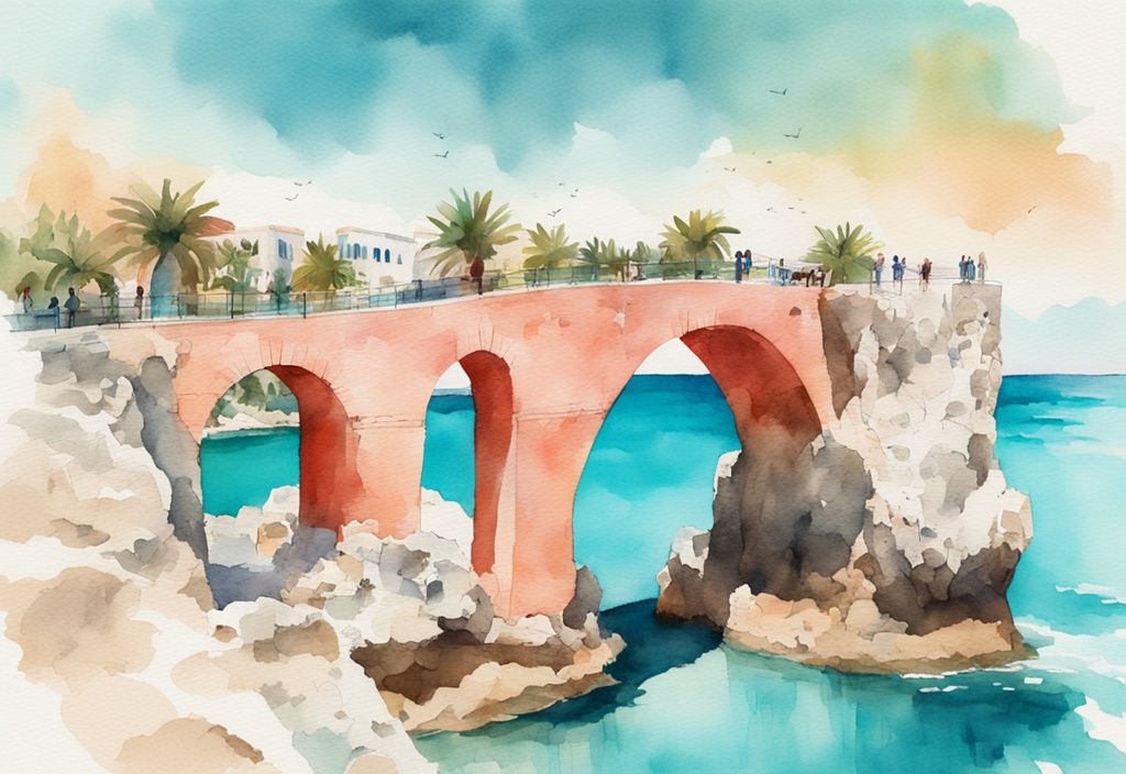 Nowoczesna ilustracja akwarelą przedstawiająca Love Bridge Ayia Napa z koralowym motywem kolorystycznym, naturalnym łukiem nad krystalicznie czystą turkusową wodą pod promiennym, słonecznym niebem.