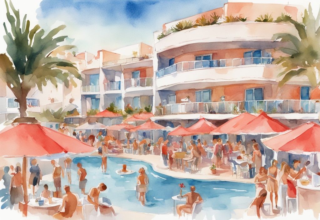 Nowoczesna ilustracja akwarelowa, przedstawiająca Atlantica Mare Village w Ayia Napa zadowolonych gości korzystających z różnych udogodnień, główny kolor to koral.