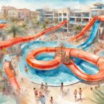 Nowoczesna ilustracja akwarelowa przedstawiająca WaterWorld Ayia Napa z kolorowymi zjeżdżalniami wodnymi, basenami z falami i szczęśliwymi rodzinami cieszącymi się słonecznym dniem.