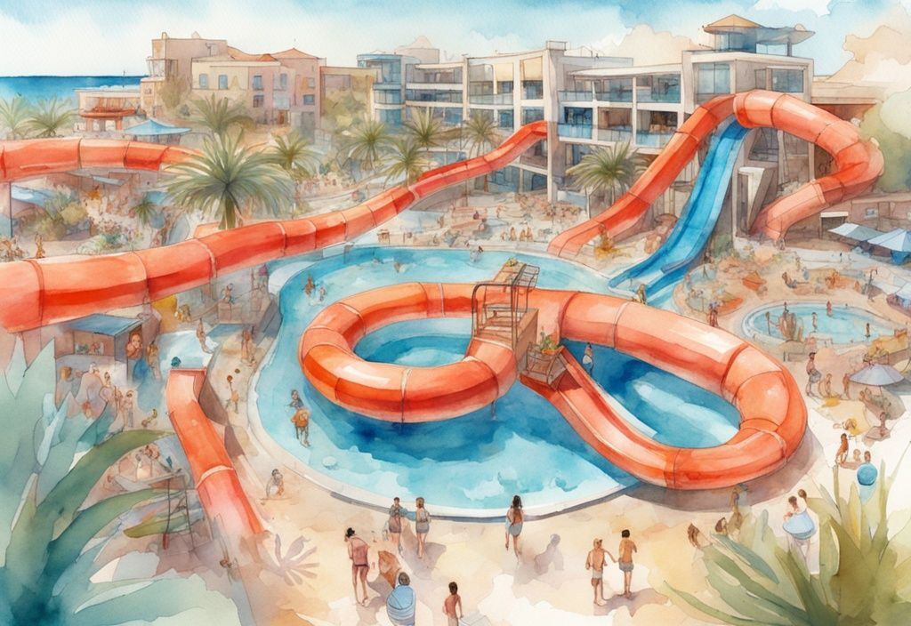 Nowoczesna ilustracja akwarelowa przedstawiająca WaterWorld Ayia Napa z kolorowymi zjeżdżalniami wodnymi, basenami z falami i szczęśliwymi rodzinami cieszącymi się słonecznym dniem.