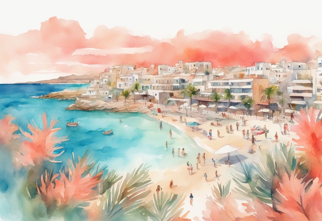 nowoczesna ilustracja akwarelowa w kolorze koralowym, zrzut ekranu z kamery na żywo przedstawiający tętniące życiem miasto i piękne plaże Ayia Napa