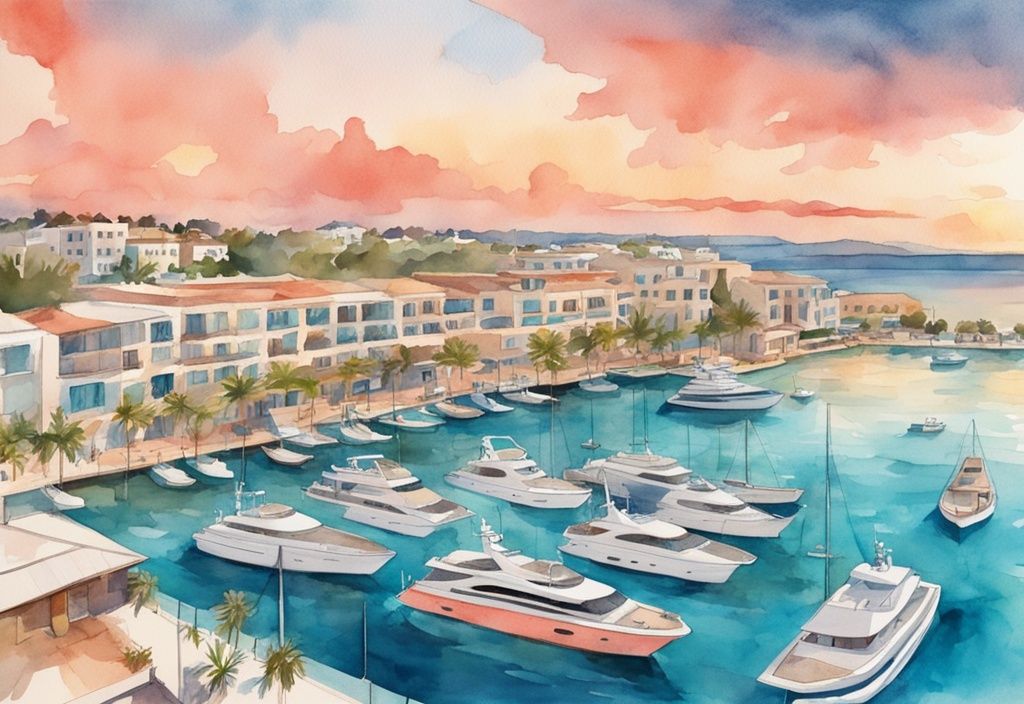 Nowoczesna akwarelowa ilustracja panoramicznego widoku na marinę Ayia Napa o zachodzie słońca, z luksusowymi jachtami na turkusowych wodach i malowniczym kurortem w tle.