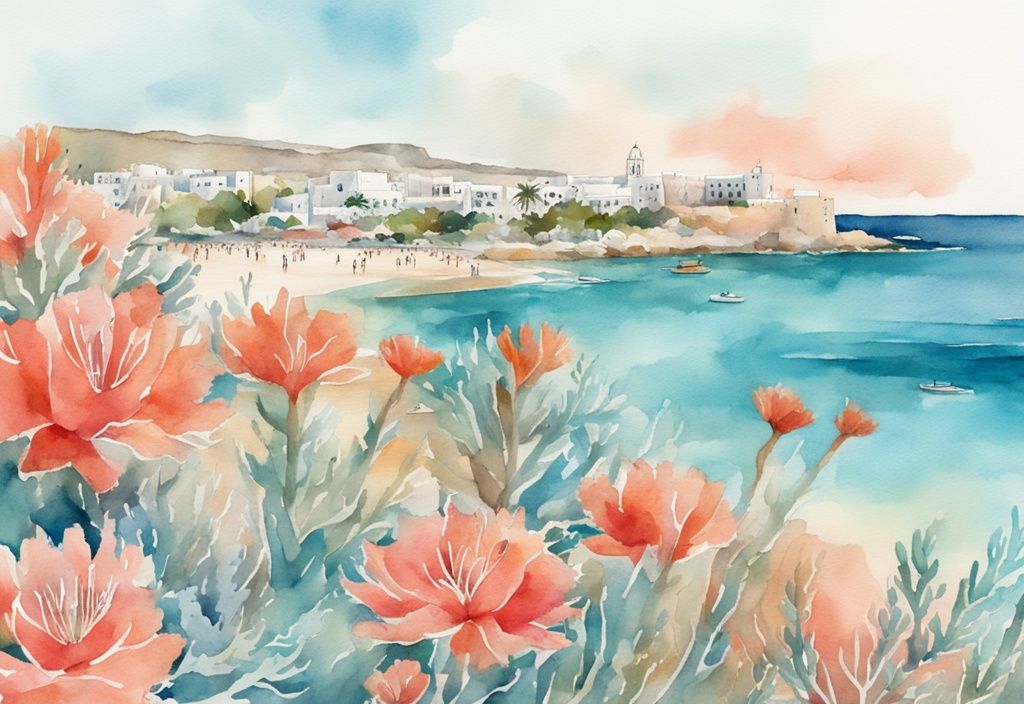 Ilustracja akwarelowa Ayia Napa, panoramiczny widok na wybrzeże z turkusowym morzem, czystymi plażami i zabytkami, takimi jak klasztor Ayia Napa, w kolorach koralowych.