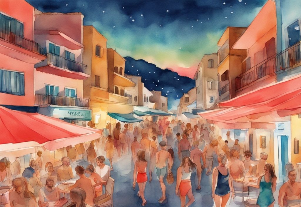 Nowoczesna ilustracja akwarelowa przedstawiająca nocne życie w Ayia Napa, z widokiem na tętniące życiem ulice, kluby, bary plażowe, złote plaże i zabytkowe klasztory, w kolorystyce koralowej.