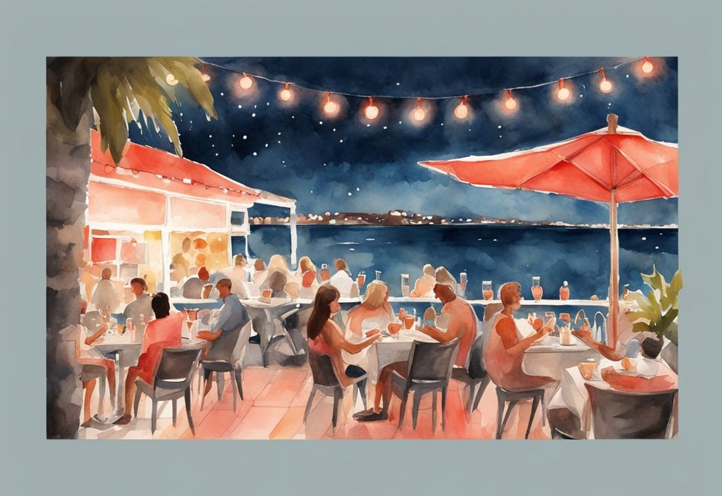 Ilustracja akwarelowa przedstawiająca restaurację w Ayia Napa, scena na świeżym powietrzu z widokiem na Morze Śródziemne, oświetlona lampkami, główny kolor koralowy