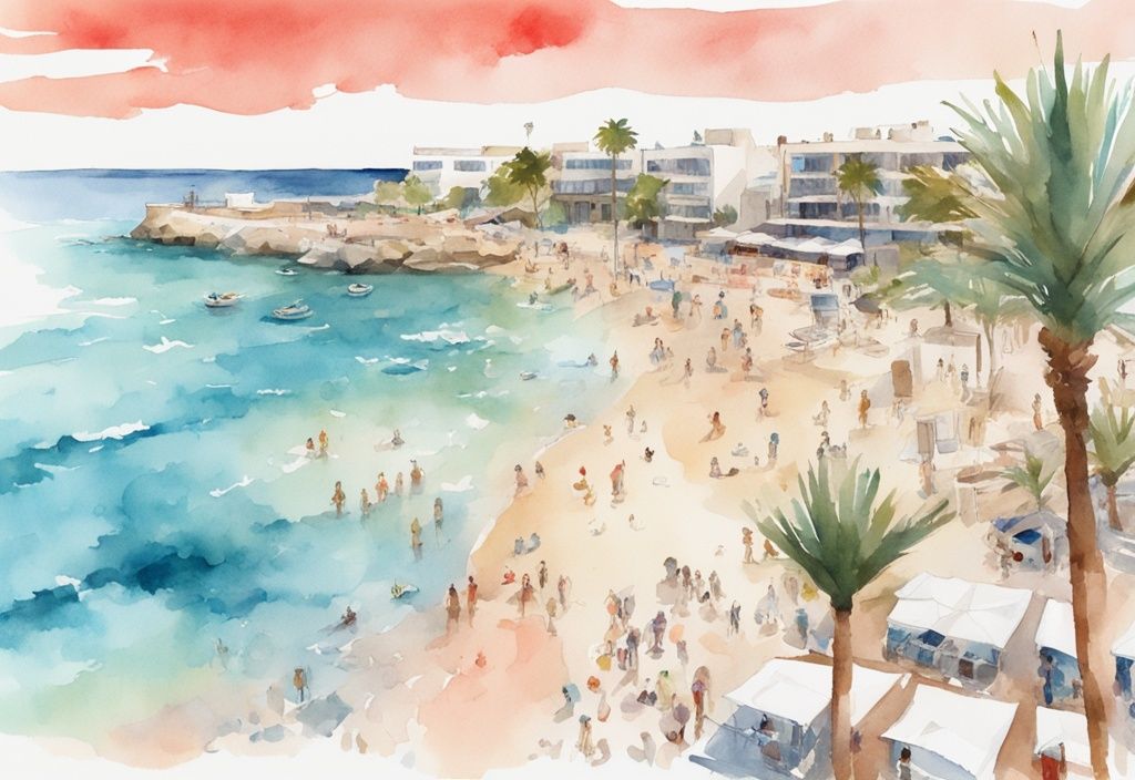 Nowoczesna akwarelowa ilustracja przedstawiająca widok na plażę Ayia Napa z kamery internetowej, ukazująca krystalicznie czystą wodę, bujne palmy i spacerujących turystów.