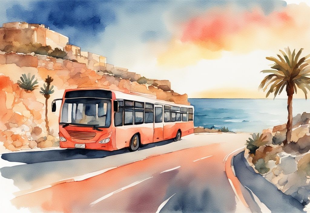 Nowoczesna ilustracja akwarelowa w kolorach koralowych, przedstawiająca autobus jadący malowniczą nadmorską drogą między Ayia Napa a Cape Greco o zachodzie słońca.