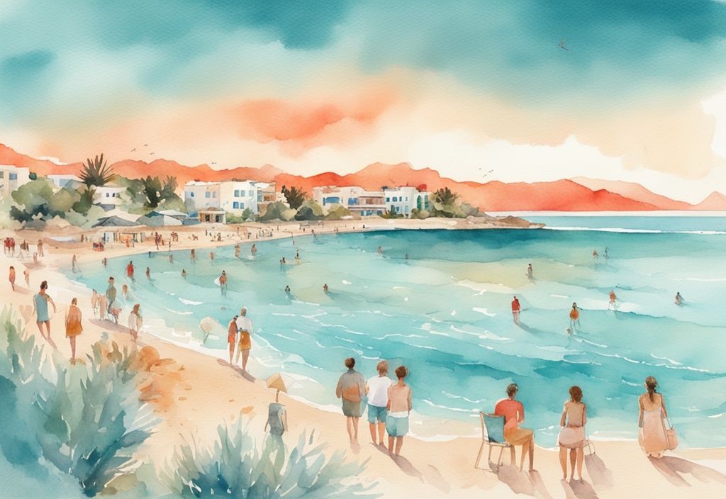 Ilustracja akwarelowa przedstawiająca plażę Tsokkos Beach Cypr w Ayia Napa, Protaras, z turystami na złotym piasku i turkusowej wodzie o zachodzie słońca.