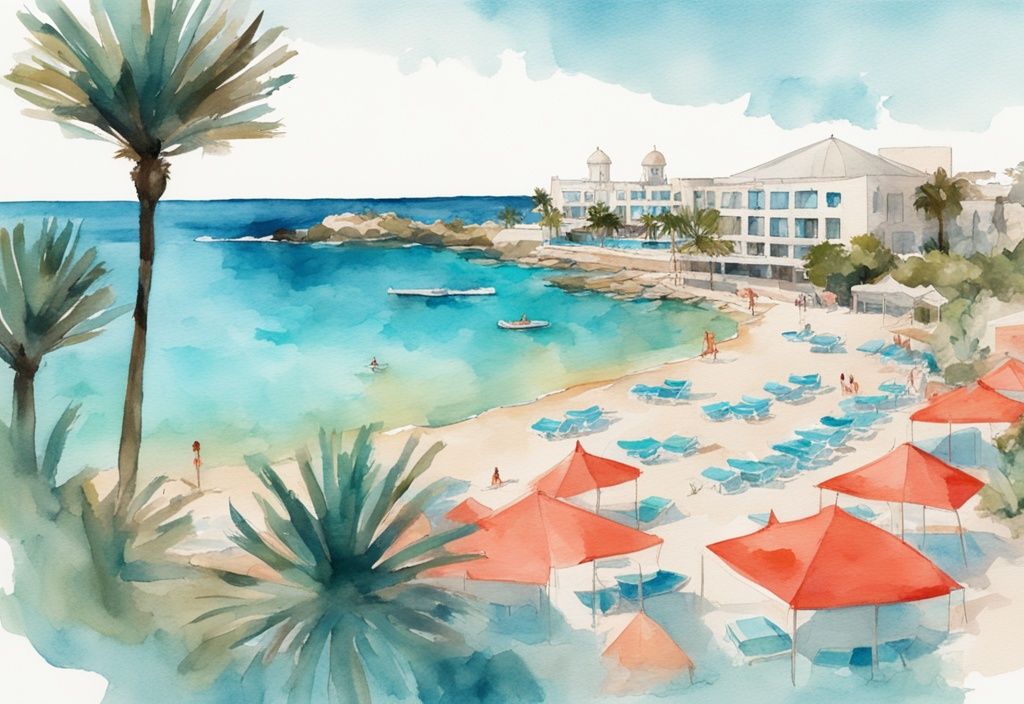 Nowoczesna akwarelowa ilustracja przedstawiająca Dome Beach Resort w Ayia Napa, Cypr, z koralowym motywem kolorystycznym, błyszczącymi niebieskimi basenami, palmami i turkusową wodą Morza Śródziemnego w tle.