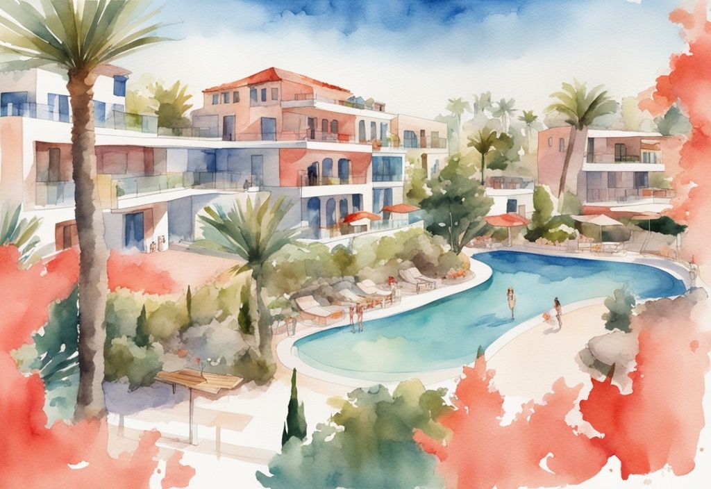 Nowoczesna ilustracja akwarelowa przedstawiająca Tsokkos Paradise Village Cypr / Ayia Napa, z jego wspaniałą architekturą, bujnymi ogrodami i spokojnym basenem pod jasnym słońcem Ayia Napa.