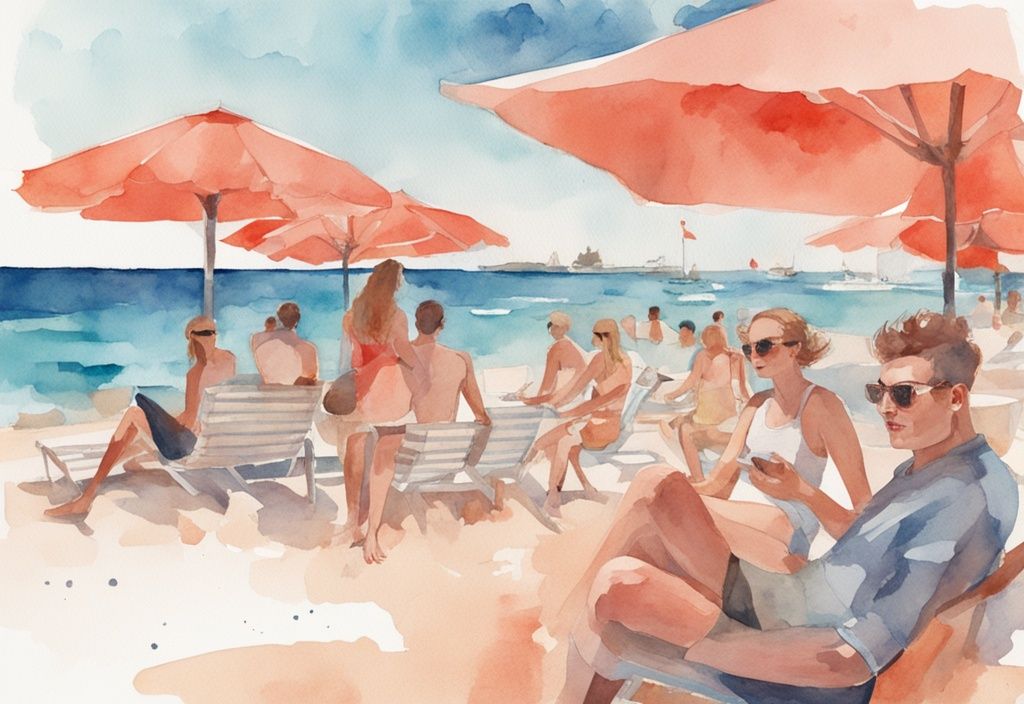 Ilustracja akwarelowa przedstawiająca grupę młodych dorosłych cieszących się słonecznym dniem na plaży Nissi w Ayia Napa, Cypr; główny kolor: koralowy; ayia napa wakacje.