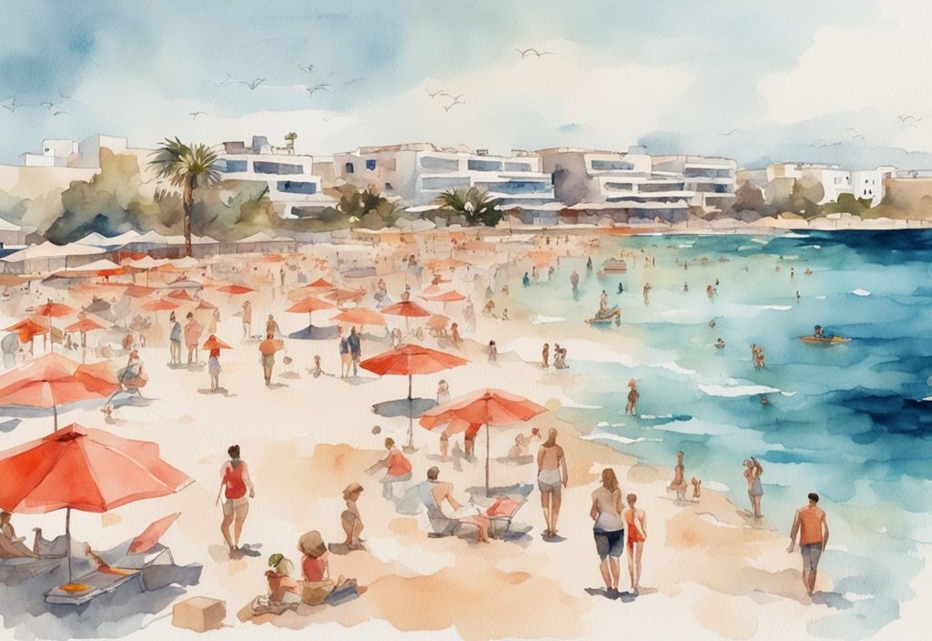 Ilustracja akwarelowa przedstawiająca słoneczny dzień na plaży Ayia Napa z turystami cieszącymi się ciepłą pogodą, pogoda ayia napa, główny kolor to koral.