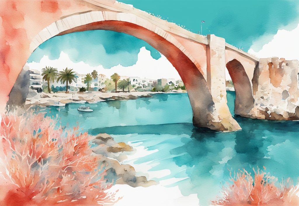 Nowoczesna akwarela przedstawiająca Love Bridge Ayia Napa, naturalny łuk nad krystalicznie czystą, turkusową wodą pod promiennym, słonecznym niebem, główny kolor to koral.