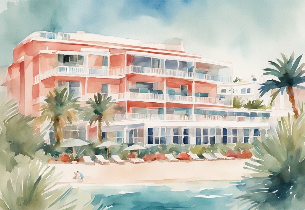 Nowoczesna akwarela przedstawiająca plażę przy hotelu Adams w Ayia Napa, Cypr, z elegancką architekturą i bujnymi ogrodami palmowymi na pierwszym planie, w kolorystyce koralowej.