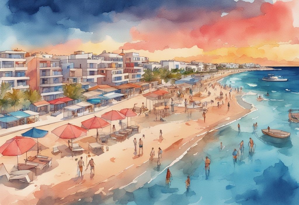 Nowoczesna akwarela przedstawiająca zachód słońca nad Aktea Beach Village w Ayia Napa, Cypr, z koralową kolorystyką, błękitnymi wodami, lokalną architekturą i plażowymi aktywnościami.