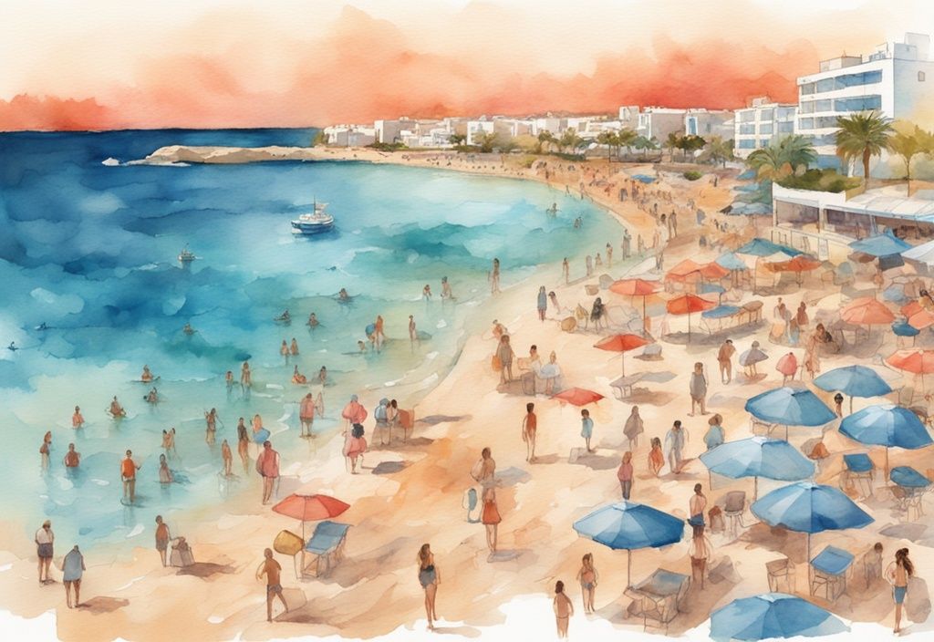 Nowoczesna akwarela z widokiem panoramicznym na Pernera Beach Ayia Napa o zachodzie słońca, z błękitnym morzem, złotym piaskiem i ludźmi cieszącymi się wolnym czasem.